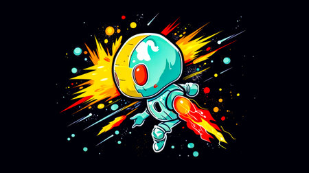 Cartoon spaceman flying through the air with a rocket in his hand. Generative AI.の素材