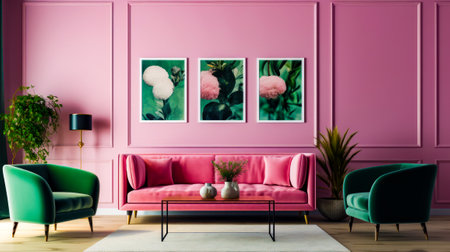 Living room with pink couch and two pictures on the wall above it. Generative AI.の素材