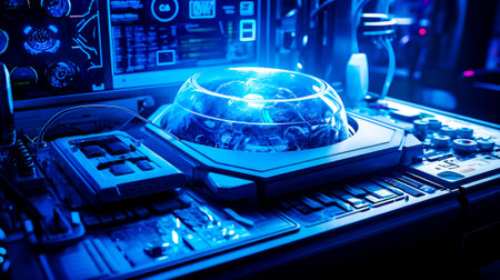 Computer desk with large glass bowl on it's top and keyboard on the other side of the desk. Generative AI.の素材