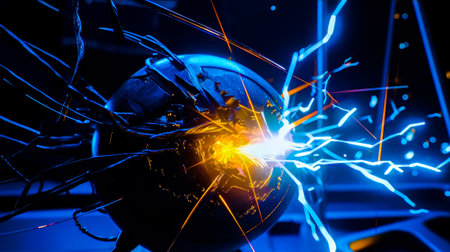 Close up of piece of metal with bright light coming out of it. Generative AI.の素材