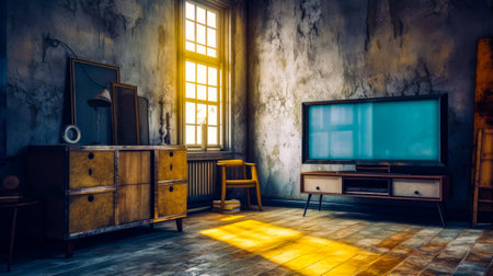 Room with tv, dresser, and chair with large window. Generative AI.の素材