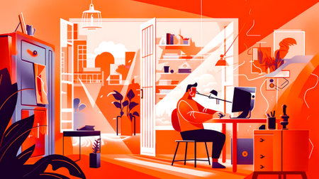 Man sitting at desk in front of computer on top of desk. Generative AI.の素材