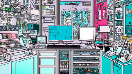 Drawing of computer room filled with computers and other electronic gadgets. Generative AI.の素材