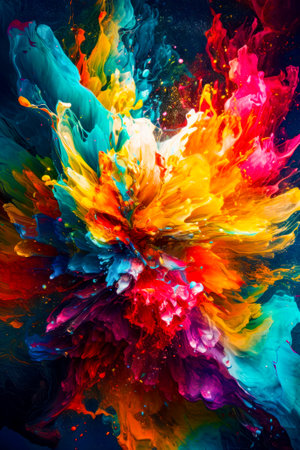 Multicolored explosion of paint on black background with black background. Generative AI.の素材