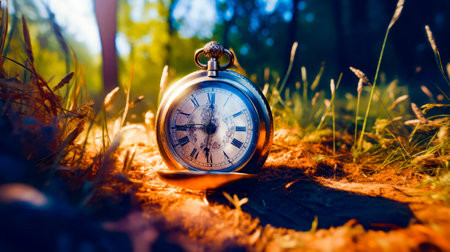 Close up of alarm clock in the grass with trees in the background. Generative AI.の素材