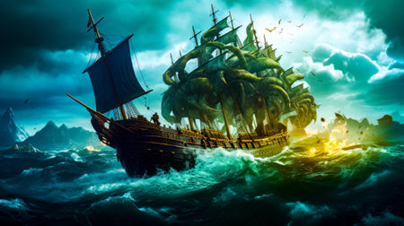 Painting of pirate ship in the middle of the ocean with seagulls flying around. Generative AI.の素材