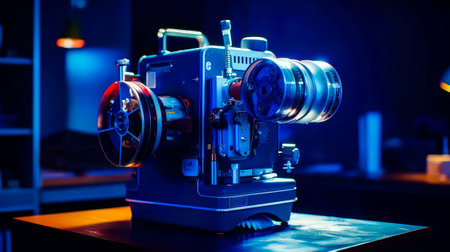 Large camera sitting on top of table next to laptop computer. Generative AI.の素材