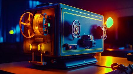 Camera sitting on top of table next to red and yellow light. Generative AI.の素材