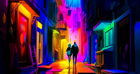 Man and woman walking down street in front of tall buildings. Generative AI.の素材