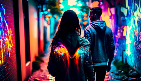 Man and woman walking down street at night with colorful lights. Generative AI.の素材