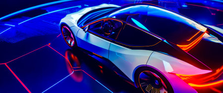 Futuristic car is shown on blue and purple background with neon lights. Generative AI.の素材