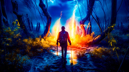 Man with backpack and skis standing in the middle of the forest. Generative AI.の素材