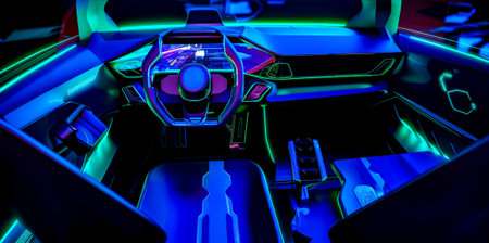 The interior of a futuristic car with blue and red lights and steering wheel. Generative AI.の素材