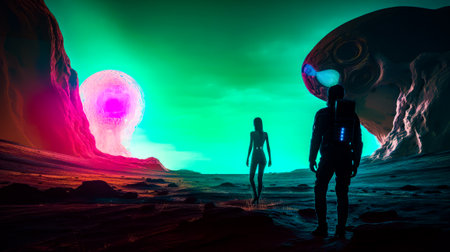 Man and woman standing in front of computer generated image of planet. Generative AI.の素材