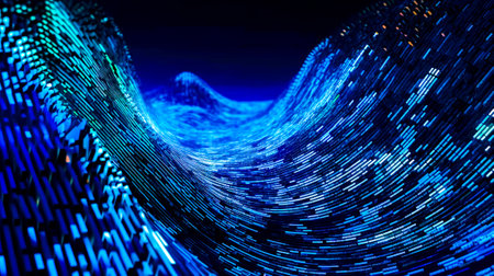 Blue and black background with wave of lines in the middle of it. Generative AI.の素材