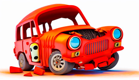 Red toy car with hole in the front of it's hood. Generative AI.の素材