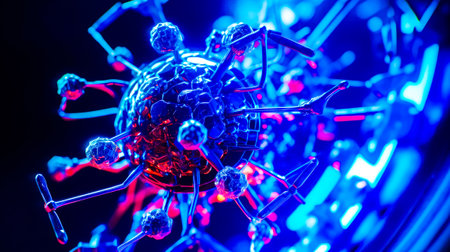 Close up of blue and red model of human cell structure. Generative AI.の素材