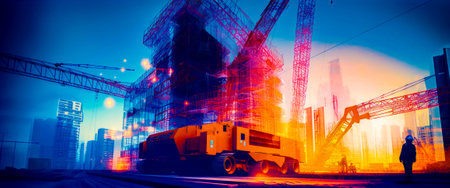 Construction site with crane in the foreground and building under construction in the background. Generative AI.の素材