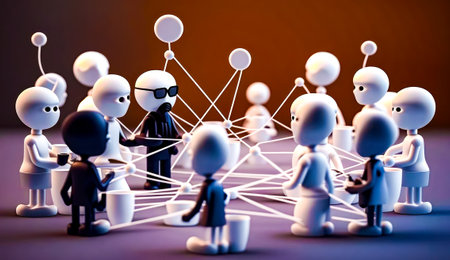 Group of people standing around each other in front of the network of balloons. Generative AI.の素材