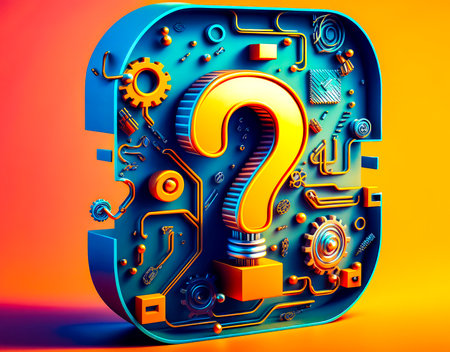 Blue and yellow object with question mark in the middle of it. Generative AI.の素材