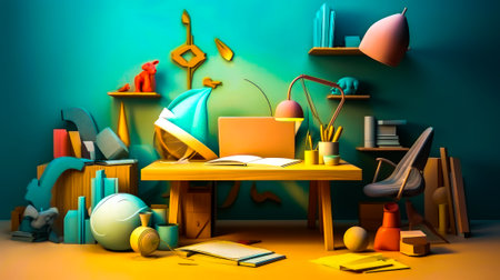 Room with desk, chair, lamp, books and other items. Generative AI.の素材