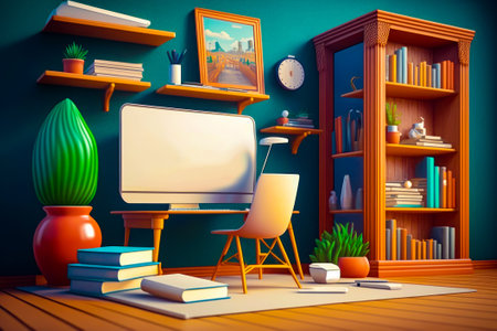 Living room with tv, bookshelf, and desk. Generative AI.の素材