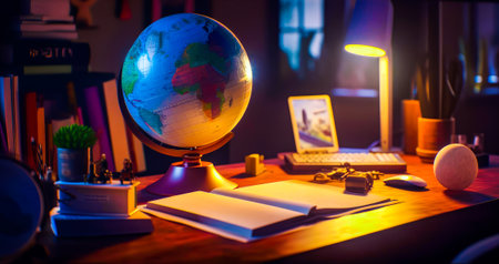 Desk topped with laptop computer next to lamp and globe. Generative AI.の素材