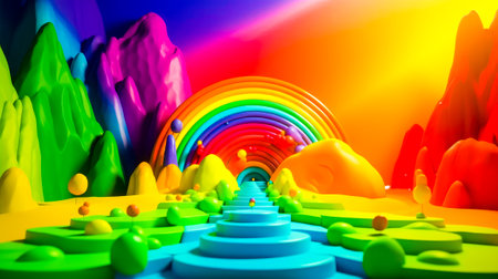 Rainbow colored landscape with rocks and rainbow - colored mountain in the background. Generative AI.の素材