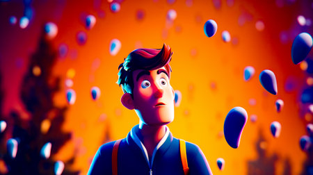 Man with backpack standing in front of orange background with bubbles. Generative AI.の素材