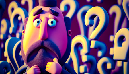 Cartoon character with many question marks on his face and mustache on his head. Generative AI.の素材