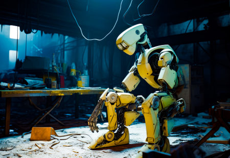 Yellow robot sitting on top of table in room filled with tools. Generative AI.の素材