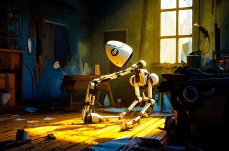 Robot sitting on top of wooden floor in front of window. Generative AI.の素材