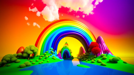 Painting of rainbow colored landscape with lake and trees in the foreground. Generative AI.の素材