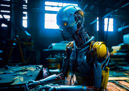 Robot is working on piece of equipment in warehouse or factory. Generative AI.の素材