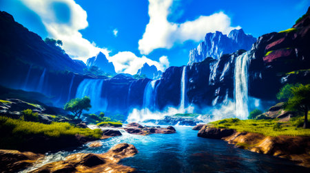 Waterfall in the middle of large body of water with mountain in the background. Generative AI.の素材