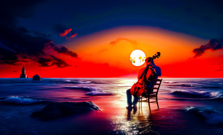 Man sitting in chair on top of the beach next to the ocean. Generative AI.の素材