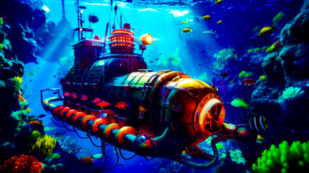 Submarine floating in the ocean surrounded by corals and other marine life. Generative AI.の素材