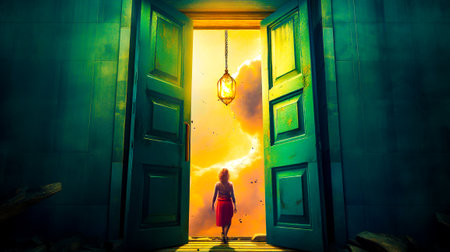 Woman standing in front of open door with light bulb hanging from it. Generative AI.の素材