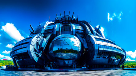 Futuristic building that looks like it has giant mirror on the side of it. Generative AI.の素材