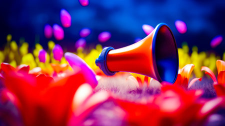 Red and blue megaphone sitting on top of field of flowers. Generative AI.の素材
