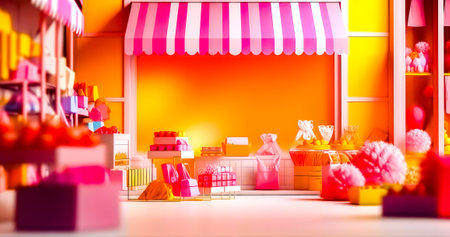Pink and white store front with lots of pink and yellow items in front of it. Generative AI.の素材