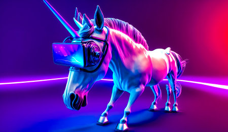 Unicorn with camera attached to it's head and purple background. Generative AI.の素材