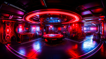 Futuristic looking room with round table and red lights on the ceiling. Generative AI.の素材