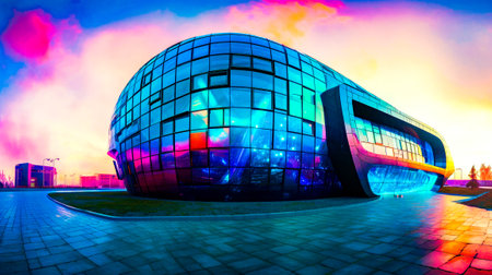 Large building with colorful design on it's side and sunset in the background. Generative AI.の素材