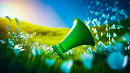 Green megaphone in the middle of the field of grass and flowers. Generative AI.の素材