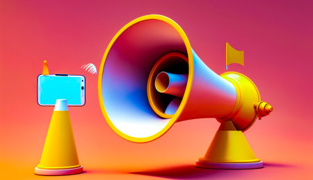 Yellow megaphone next to yellow cone with flag on it. Generative AI.の素材