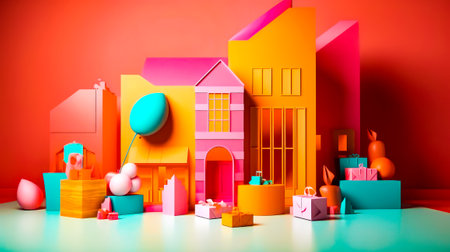 Pink and orange house with balloon in the middle of the room. Generative AI.の素材