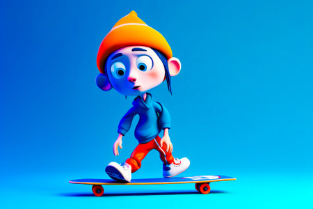 Cartoon character is riding skateboard on blue and red background. Generative AI.の素材