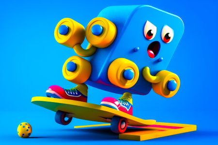 Cartoon character riding skateboard on top of wooden board ramp. Generative AI.の素材