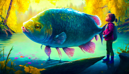 Large fish floating on top of river next to tree filled forest. Generative AI.の素材